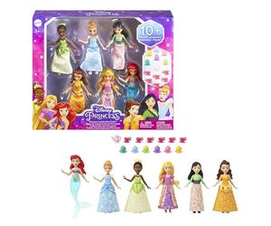 Mattel Princesses Disney Coffret 6 mini-poupées articulées avec Tiana, Cendrillon, Mulan, Belle, Raiponce et Ariel, habillage scintillant et 13 accessoires, Jouet Enfant, Dès 3 ans, HLW91