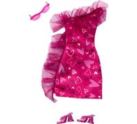 Mattel - Vêtement pour poupée Barbie - Pack 1 - Robe de soirée à volants imprimée cœur, lunettes, talons roses, vêtements polyvalents - Fête