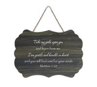 Matthew 11:29 Panneau en bois rustique à suspendre avec inscription « Take My Yoke Upon You And Learn From Me, I Am Gentle And Humble in Heart » - Décoration murale pour salon, chambre à coucher