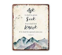 Matthew 7 7 Scripture Metal Sign Ask Seek Knock Inspirational Wall Decor for Home Study 8 X 12 in