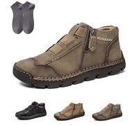 Matufit Shoes for Men, Men's Genuine Leather Waterproof Non-Slip Fashionable Orthopedic Shoes, Side Zip Slip-on Flats (Khaki,42)