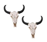 Mauedest 2X Résine Longhorn Vache Tête de Crâne Suspendu Un Mur Décor 3D Faune Sculpture Figurine Cornes pour Décoration de Halloween