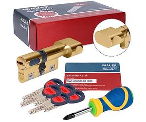 MAUER NW5 cylindre de sécurité 31 x 31 couleur laiton avec bouton + tournevis, cylindre renforcé anti-éclatement, anti-bumping, anti-perçage, came anti-retrait