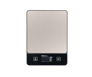 MAUL Balance courrier MAULlibra noir et argent compact 5 kg | plateau inox facile à nettoyer, format plat à suspendre, tare et unités rapides, piles incluses