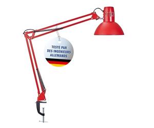 MAUL Lampe à pince MAULstudy rouge E27 pour bureau | blanc chaud agréable, bras double orientable, fixation stable en métal, ampoule remplaçable incluse