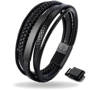 Mauro Vinci Bracelet en cuir noir pour homme - Double cordon avec fermeture magnétique - Réglable de 19,5 cm à 21 cm - URO Plano - Bracelet en cuir noir - Avec emballage cadeau
