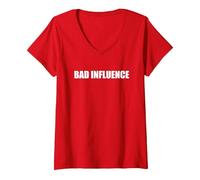 Mauvaise Influence T-Shirt avec Col en V, Femme, Rouge, M