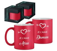Maverton 2x Tasse Personnalisable - Ensemble de Mugs Café pour Monsieur Madame -Personnalisé - Cadeau Mariage - Cadeau Couple - Tasse à Café 330ml avec coffret cadeau - rouge mat - amour