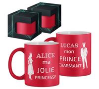 Maverton 2x Tasse Personnalisable - Ensemble de Mugs Café pour Monsieur Madame - Personnalisé - Cadeau Mariage - Cadeau Couple - Tasse à Café + coffret cadeau - rouge mat - prince et princesse