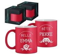 Maverton 2x Tasse Personnalisable - Ensemble de Mugs Café pour Monsieur Madame - Personnalisé - Cadeau Mariage - Cadeau Couple - Tasse à Café 330ml + coffret cadeau - rouge mat - belle et bête
