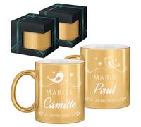 Maverton 2x Tasse Personnalisable - Ensemble de Mugs Café pour Monsieur Madame - Personnalisé - Cadeau Mariage - Cadeau Couple - Tasse à Café 33cl + coffret cadeau - or brillant - jeunes mariés