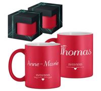 Maverton 2x Tasse Personnalisable - Ensemble de Mugs Café pour Monsieur Madame - Personnalisé - Cadeau Mariage - Cadeau Couple - Tasse à Café 33cl avec coffret cadeau - rouge mat - couple marié