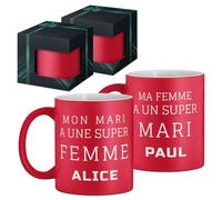 Maverton 2x Tasse Personnalisable - Ensemble de Mugs Café pour Monsieur Madame - Personnalisé - Cadeau Mariage - Cadeau Couple - Tasse à Café 330ml + coffret cadeau - rouge mat - mari et femme
