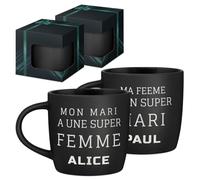 Maverton 2x Tasse Personnalisable - Set 2x Mug personnalisé - Cadeau Personnalisé Anniversaire Mariage - Couple Couple Saint Valentin - Tasse a cafe noire avec prénom - mari et femme