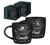 Maverton 2x Tasse Personnalisable - Set 2x Mug personnalisé - Cadeau Personnalisé Anniversaire Mariage - Couple Couple Saint Valentin - Tasse a cafe noire avec prénom - jeunes mariés
