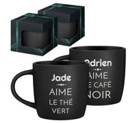 Maverton 2x Tasse Personnalisable - Set 2x Mug personnalisé - Cadeau Personnalisé Anniversaire Mariage - Couple Couple Saint Valentin - Tasse a cafe noire avec prénom - thé et café