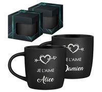 Maverton 2x Tasse Personnalisable - Set 2x Mug personnalisé - Cadeau Personnalisé Anniversaire Mariage - Couple Couple Saint Valentin - Tasse a cafe noire avec prénom - amour