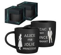 Maverton 2x Tasse Personnalisable - Set 2x Mug personnalisé - Cadeau Personnalisé Anniversaire Mariage - Couple Couple Saint Valentin - Tasse a cafe noire avec prénom - prince et princesse