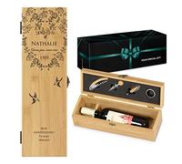 Maverton Coffret en Bois de Bambou pour une bouteille du vin avec un ensemble d'accessoires pour vin, Jeu d'Accessoires pour Vin pour chaque femme - avec personnalisation - fleurs