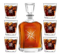 Maverton Ensemble de Carafes Personnalisés a Whisky Rhum Cognac Avec 6 Verres a Whisky Gravés - 700 ml Service Universel Verre Whisky et Carafe - Boussole