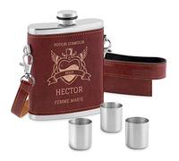 Maverton Flasque en Acier Brossé 250 ml pour lui - Pochette Personnalisée en cuir en marron foncé - 3 x 12 ml verres à shot en acier inclus - Pour hommes - Pour anniversaire - Potion
