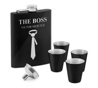 Maverton Flasque en Acier Inoxydable pour lui | Avec gravure, Set avec 4 verres à shot en acier, Pour hommes, Flacon personnalisé pour anniversaire, The boss