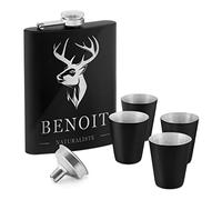 Maverton Flasque personnalisée de 200 ml pour lui - Portable Flasque pour voyageur - Set avec 4 verres à shot - Idee Cadeau Homme - Cadeau Anniversaire Homme - Pour ami - Cerf
