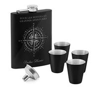 Maverton Flasque personnalisée de 200 ml pour lui - Portable Flasque pour voyageur - Set avec 4 verres à shot - Idee Cadeau Homme - Flasque Whisky - Cadeau Anniversaire Homme - Pour ami - Aventures