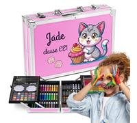 Maverton Malette Dessin Enfant personnalisable - Kit Dessin Coffret Artiste 34x23cm avec prénom - Idee Cadeau Fille Garcon Enfant - Valise Crayon Feutres Pastels - Cadeau Personnalisé - petit chat