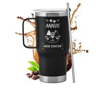 Maverton Mug Isotherme Noir 600 ml en Acier Inoxydable avec Brosse de Nettoyage - Gobelet avec Paille et Couvercle gravé - Cadeau Anniversaire Femme - Idee Cadeau Femme chat