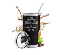 Maverton Mug Isotherme Noir 800 ml en Acier Inoxydable, Mug Original | Avec gravure, Avec 2 Pailles et Brosse de Nettoyage, Cadeau Maman Anniversaire, Cadeau Fete des Meres Super maman