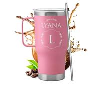 Maverton Mug Isotherme Personnalisable Rose en Acier Inoxydable 600 ml | Gobelet Isotherme avec Paille et Boîte Cadeau, avec brosse de nettoyage, Cadeau Femme Anniversaire initial