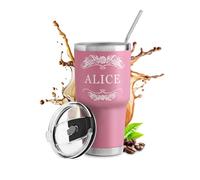 Maverton Mug Isotherme Personnalisable Rose en Acier Inoxydable 800 ml | Gobelet Isotherme avec Paille et Boîte Cadeau, avec brosse de nettoyage, Cadeau Femme Anniversaire Prénom