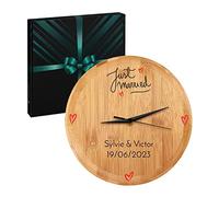 Maverton Pendule Murale Personnalisée - Horloge Ronde avec imprimante - Montre Murale en Bois de Bambou avec des Aiguilles Noires - Cadeau d’Anniversaire pour Chaque Couple - Jeunes mariés