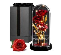 Maverton Rose Eternelle sous Cloche LED avec Gravure, Rose Immortelle Rouge