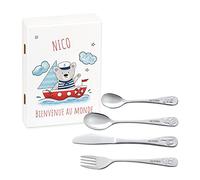 Maverton Set de couverts personnalisé pour garçon - Coutellerie dans coffret imprimé - Couverts Thème Animal - Cadeau d'anniversaire - Cadeaux bébé - Couverts gravés - MARIN