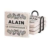 Maverton sous-Verres en Pierre personnalisés pour Lui - Ensemble de 4 Dessous de Verre avec Support en métal Noir - Set pour Homme - pour Anniversaire - pour Papa/Papy - Houblon