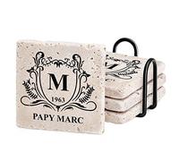 Maverton sous-Verres en Pierre personnalisés pour Lui - Ensemble de 4 Dessous de Verre avec Support en métal Noir - Set pour Homme - pour Anniversaire - pour Papa/Papy - Papy