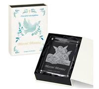 Maverton Statuette en Cristal avec Anges 3D + Boîte personnalisée - Bloc de Verre avec Gravure pour Fille - Cube gravé pour garçon - pour baptême - pour Anniv d’Un Enfant - Colombe