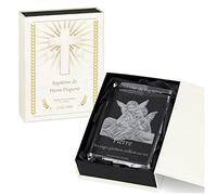 Maverton Statuette en Cristal avec Anges 3D + Boîte personnalisée - Bloc de Verre avec Gravure pour Fille - Cube gravé pour garçon - pour baptême - Cadeau Noel - pour Anniv d’Un Enfant - Croix