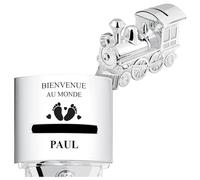 Maverton Tirelire Personnalisable en Métal Argenté pour garçon - Tirelire Enfant Épargne en Forme de Locomotive pour pièces et Billets - Cadeau Anniversaire Fille - Noël - Bienvenue au Monde