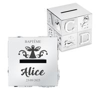 Maverton Tirelire Personnalisée en Forme de Cube - Tirelire Enfant avec Animaux et Lettres - Boite d'épargne Argentée avec Gravure - Urne Anniversaire pour Filles Garçons Bébé - Cadeau Noel - baptême