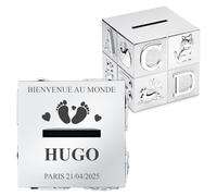 Maverton Tirelire Personnalisée en Forme de Cube - Tirelire pour Enfants avec Animaux et Lettres - Boite d'épargne Argentée avec Gravure - Cadeau d’Anniversaire pour Filles Garçons Bébé - Naissance