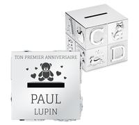 Maverton Tirelire Personnalisée en Forme de Cube - Tirelire pour Enfants avec Animaux et Lettres - Boite d'épargne Argentée avec Gravure - Cadeau d’Anniversaire pour Filles Garçons Bébé - 1 an