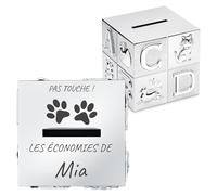 Maverton Tirelire Personnalisée en Forme de Cube - Tirelire pour Enfants avec Animaux et Lettres - Boite d'épargne Argentée avec Gravure - Cadeau d’Anniversaire pour Filles Garçons Bébé - économies