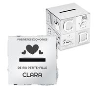 Maverton Tirelire Personnalisée en forme de Cube - Tirelire pour Enfants avec Animaux et Lettres - Boite d'épargne Argentée avec Gravure - Cadeau d’anniversaire pour Filles Garçons Bébé - petite fille