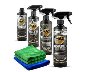 MAX DETAIL-LAB - Exterior Pack - Kit Nettoyage Voiture Extérieur Accessoires Microfibre, Nettoyant Jantes, Shampoing Carrosserie, Cire Liquide Quickdetailer, APC, Produit Detailing Auto Moto