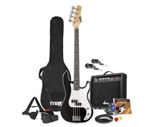 Max Gigkit Basse Electrique 4/4, Kit Complet Ampli 40 Watts, Système Sans Fil, Stand, Accordeur, Sangle, pour Musicien Débutant ou intermédiaire | Noire