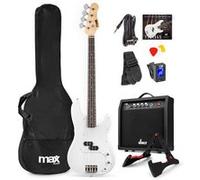 Max Gigkit Basse Electrique, Kit Complet Ampli 40 Watts, Housse, Stand, Cordes de Rechange, Accordeur, Sangle, Câble Jack et Médiators, Idéal pour Musicien Débutant ou intermédiaire - Blanche