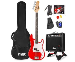 Max Gigkit Basse Electrique, Kit Complet Ampli 40 Watts, Housse, Stand, Cordes de Rechange, Accordeur, Sangle, Câble Jack et Médiators, Idéal pour Musicien Débutant ou intermédiaire - Rouge